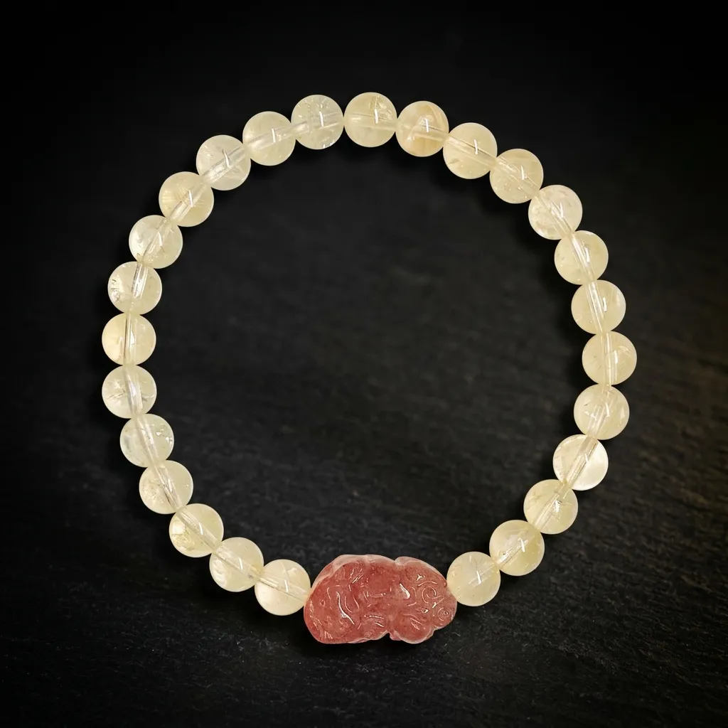 JiStones Ethereal Azeztulite & Rainbow Citrine Bracelet with Hand-Carved Pixiu Charm Luminous Solar Quartz (6mm)-Petite (14cm)