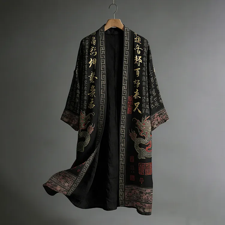 Men's Japanese Dragon Pattern Calligraphy And Painting Art Linen Long Kimono