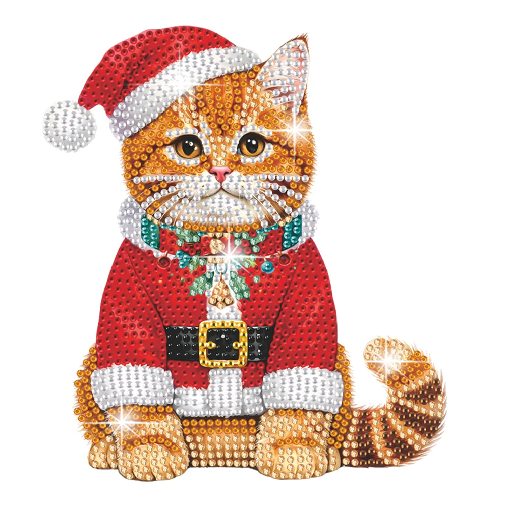 DIY Xmas Shaking Head Orange Cat Acrylic Desktop Diamond Painting Art Kits for Kids