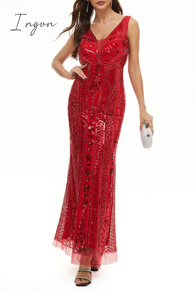 Ingvn - Elegant College Patchwork Sequins V Neck Evening Dress Dresses Red / S Dresses/Party And