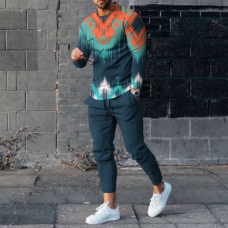 Men'S Retro Gradient Long Sleeve T-Shirt And Pants Co-Ord