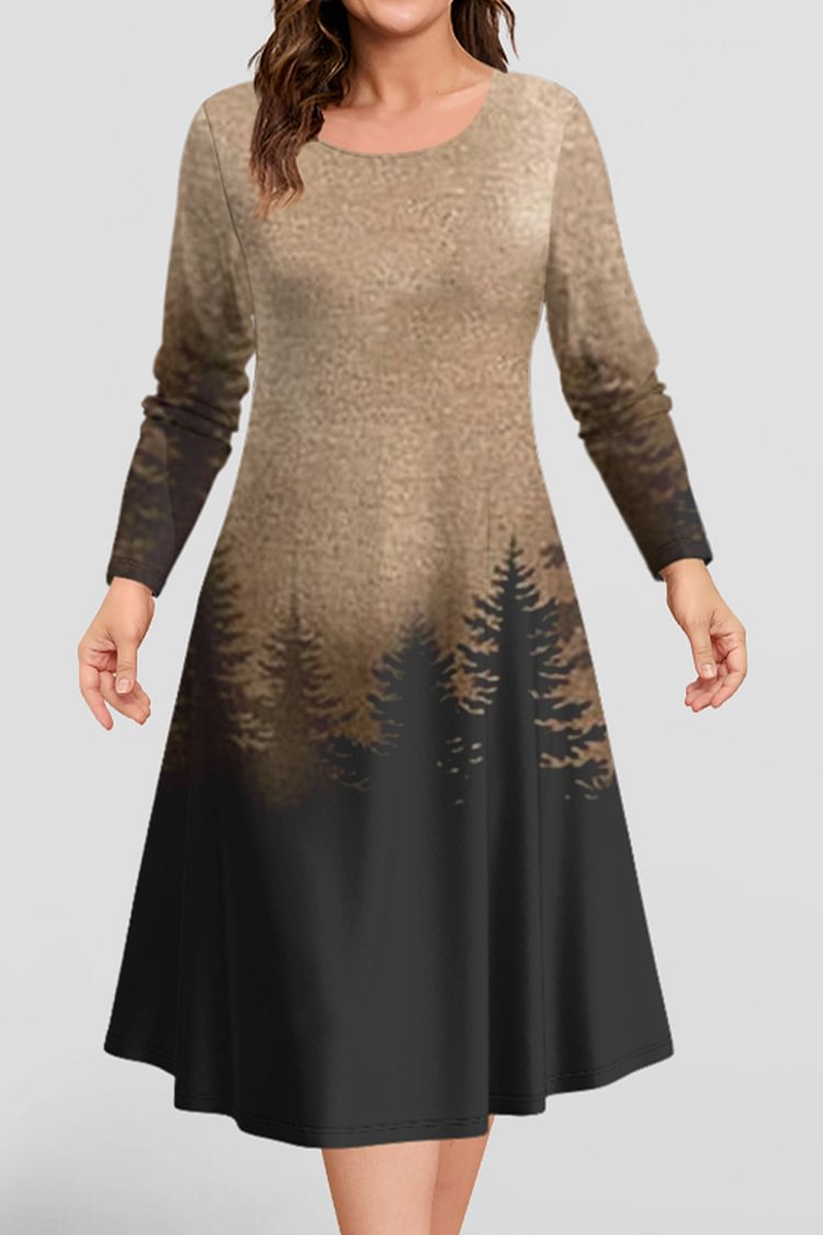 Flycurvy Plus Size Casual Brown Trees Ombre Print A-Line Midi Dress  flycurvy [product_label]