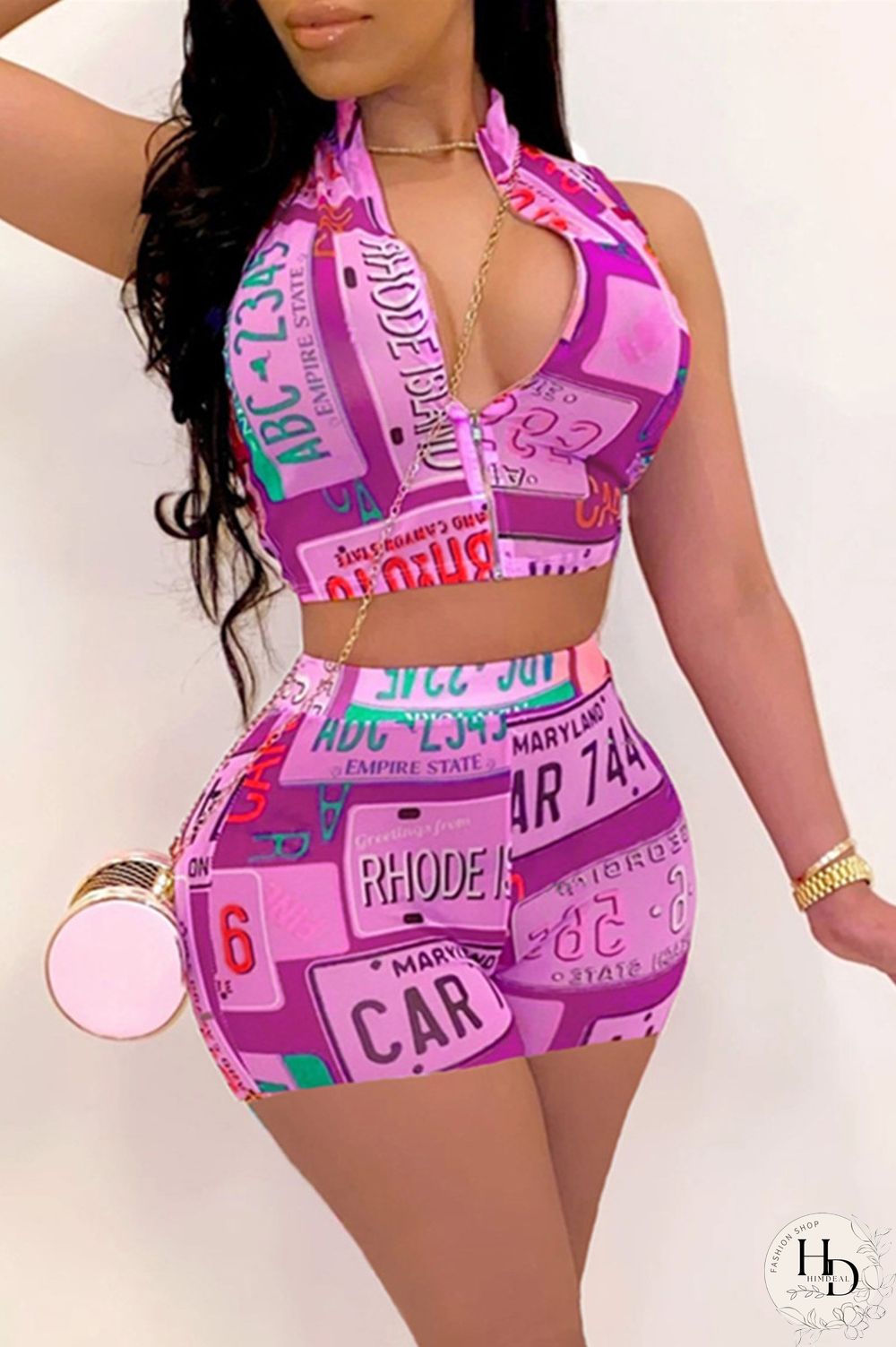 Fuchsia Sexy Casual Print Basic Zipper Collar Sleeveless Two Pieces