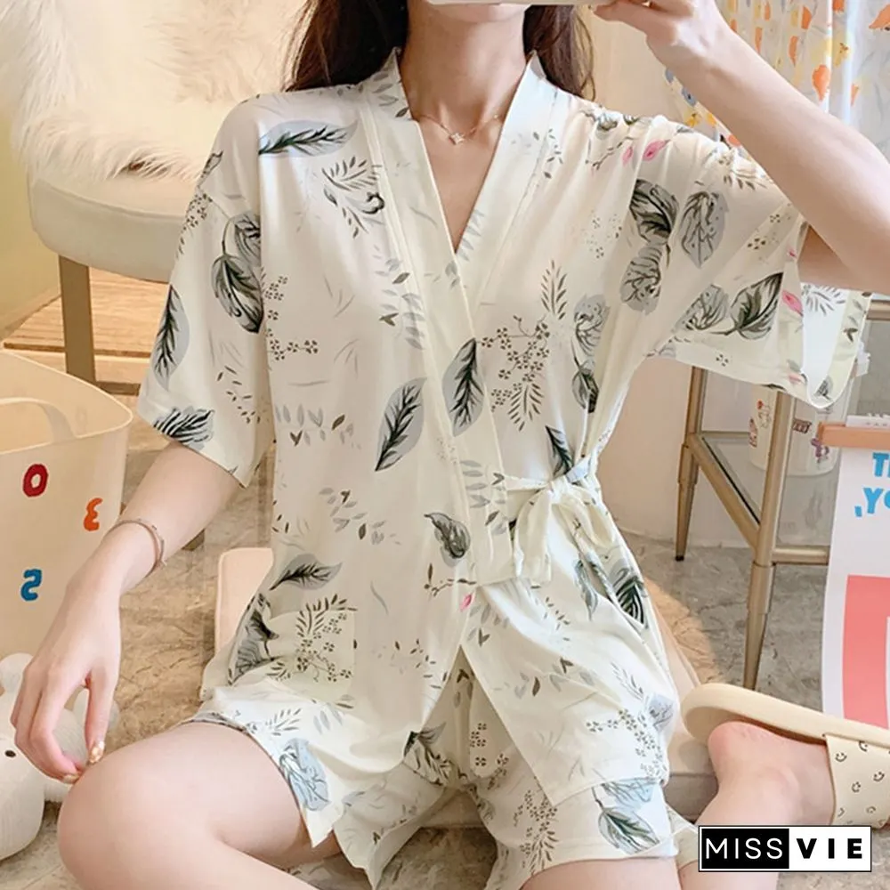 Floral Print Kimono Lace Up Pajamas Set