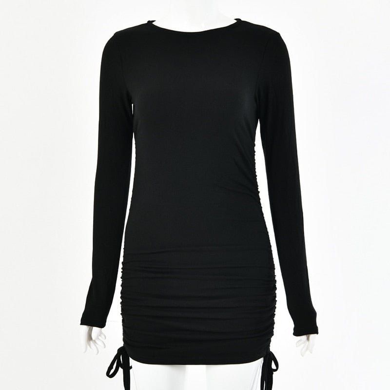 FANTOYE Cotton Full Sleeve Drawstring Women Dress Black Round Neck Fold Ruched Slim Dress Spring Casual Fashion Streetwear 2022