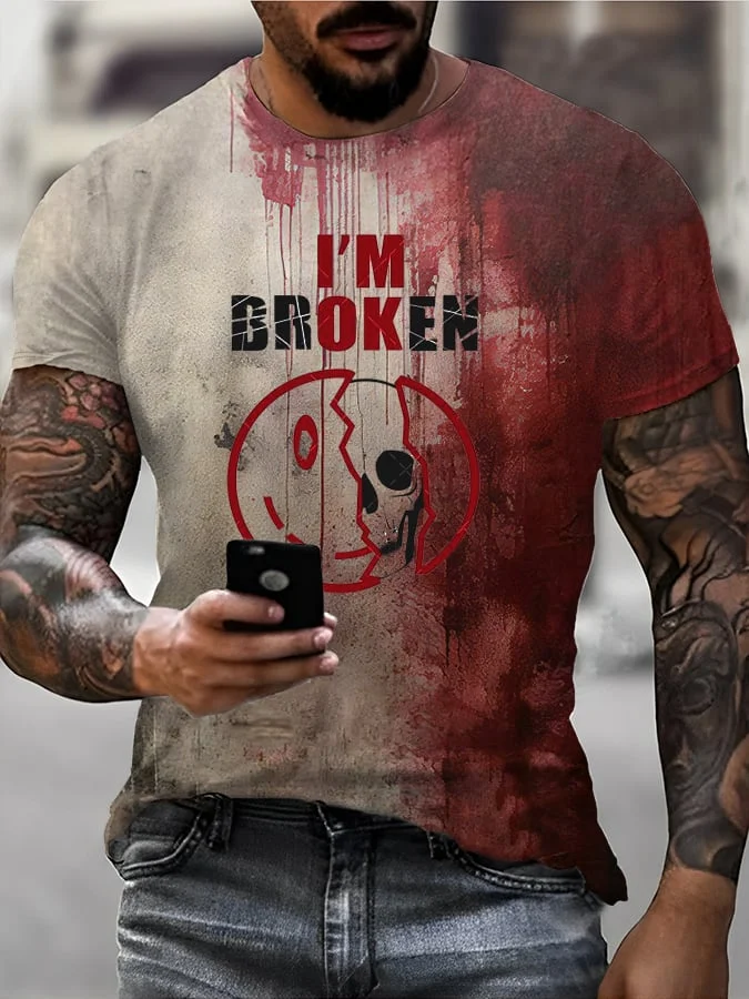 Men's Halloween Bloody "I'm Broken" Print T-Shirt