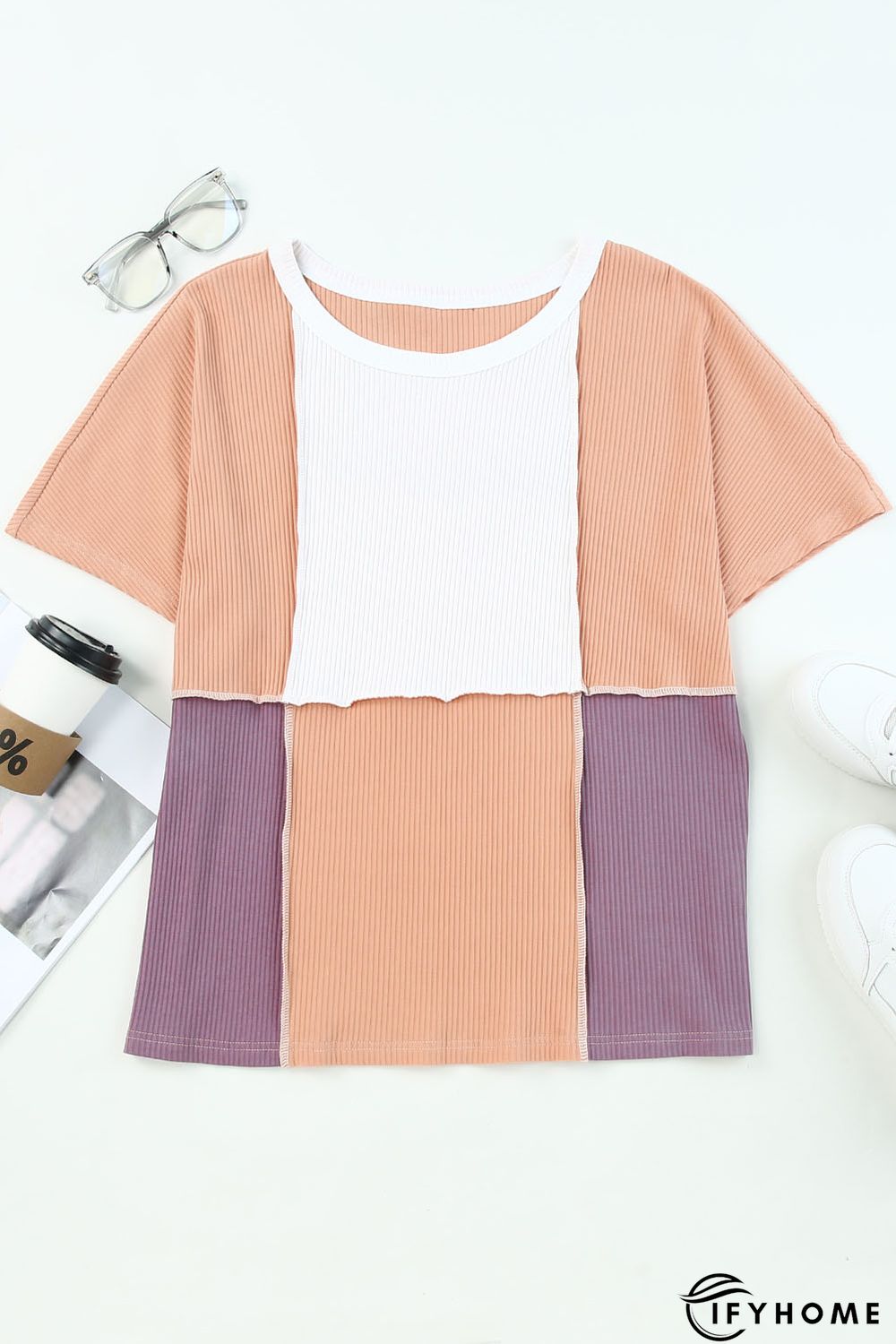 Orange Colorblock Stitching Short Sleeve Rib Knit Top | IFYHOME