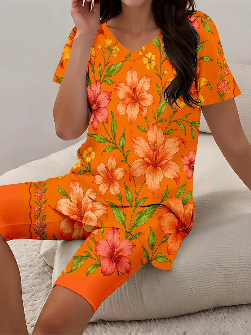 Women Long Sleeve V-neck Graphic Floral Printed Top