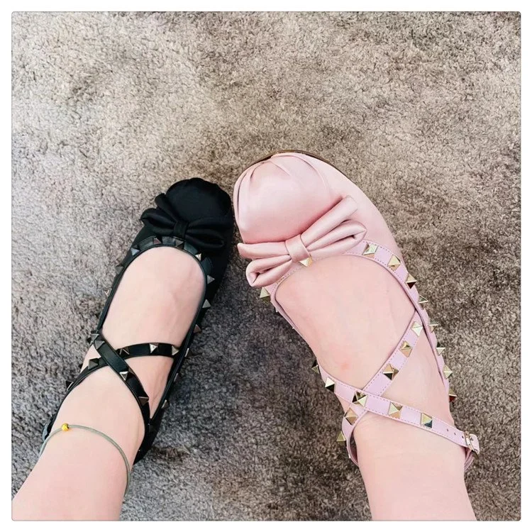 Yyvonne Cross-Buckle Ballet Shoes 2025 Spring And Summer New Bow Rivet Flat Bottom Shallow Mouth Cloth Single Shoe
