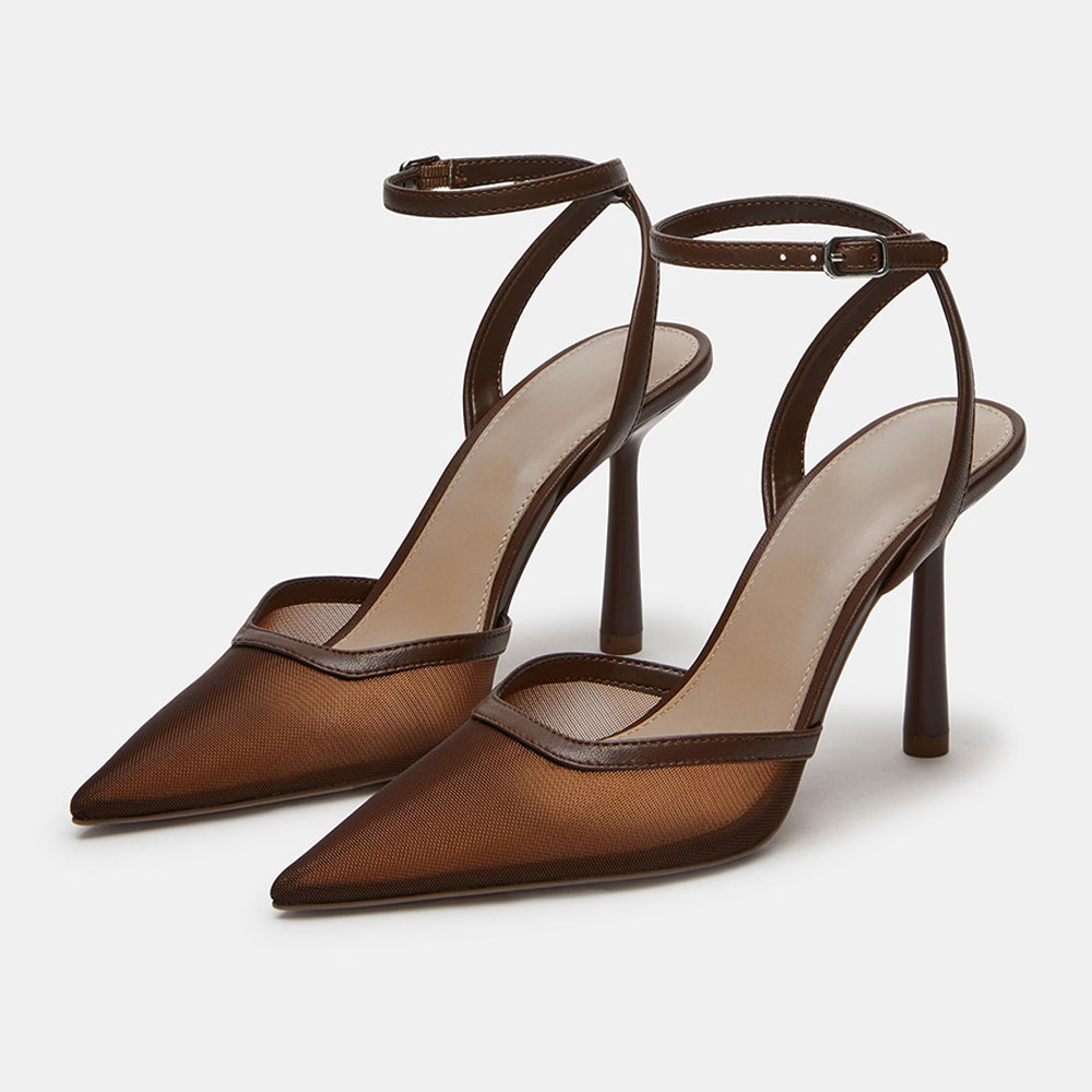 Brown Mesh Buckle Ankle Strap Stiletto Heeled Sandals with Pointed Toe Nicepairs