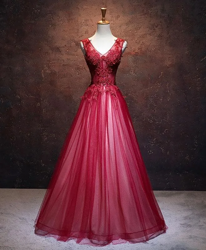 Burgundy V Neck Tulle Lace Long Prom Dress, Lace Evening Dress