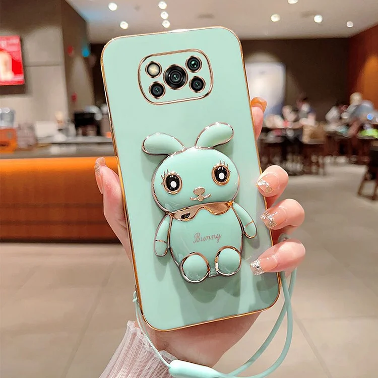 Cute Cartoon Rabbit Fold Stand For Xiaomi Poco X3 Pro Nfc Phone Case With Lanyard Luxury Plating Cover
