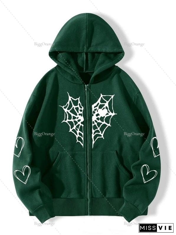 Spider Web Print Hoodie Womens Sweatshirt Loose Jacket Fashion Trend Zip Autumn Casual