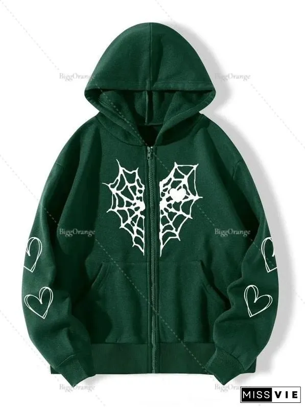 Spider Web Print Hoodie Womens Sweatshirt Loose Jacket Fashion Trend Zip Autumn Casual
