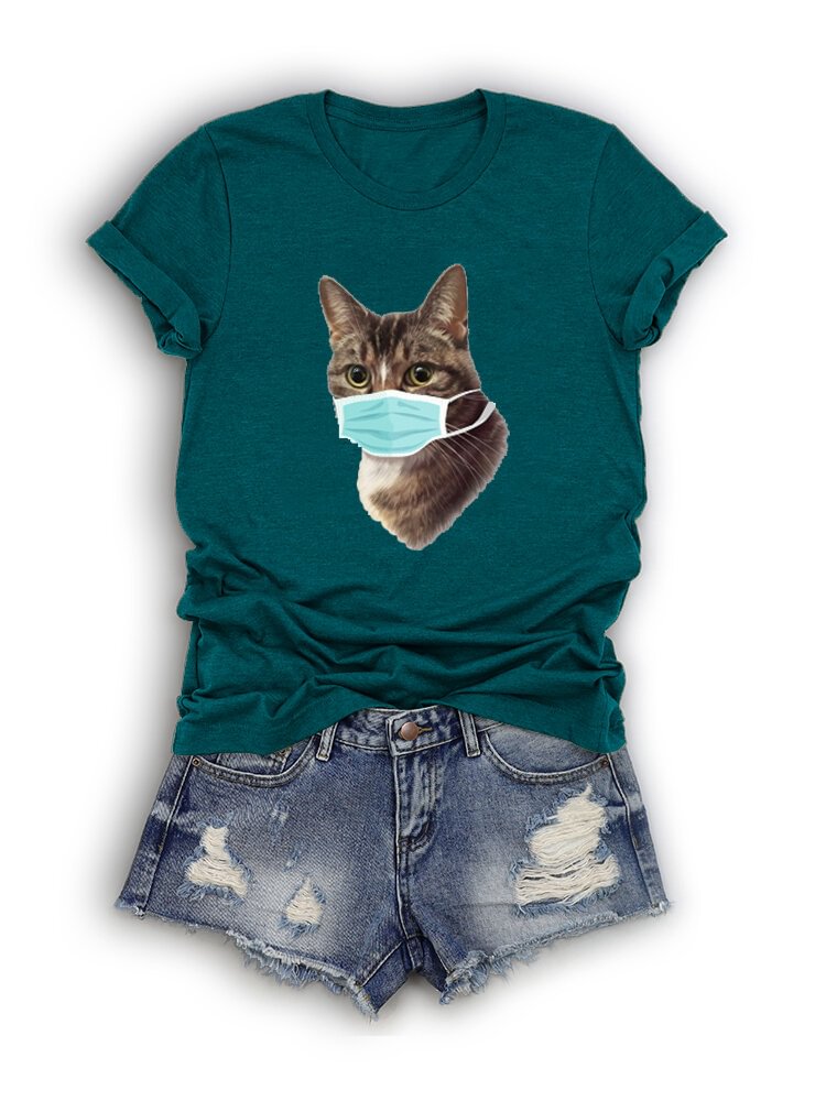 Cat Printed Short Sleeve O Neck T shirt P1669310