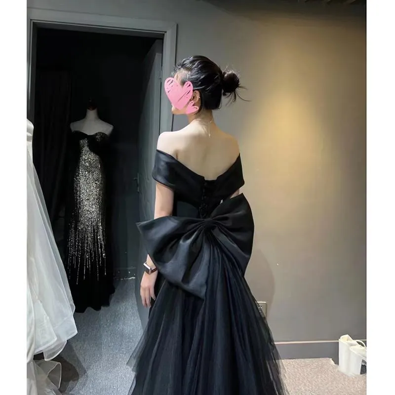 Brownm Black Evening Dress Women's 2025 New Word-Shoulder High-End Dinner Light Luxury Small Fishtail Dress High Sense