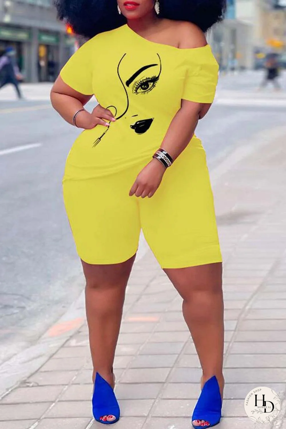 Rose Red Casual Print Basic Oblique Collar Short Sleeve Two Pieces