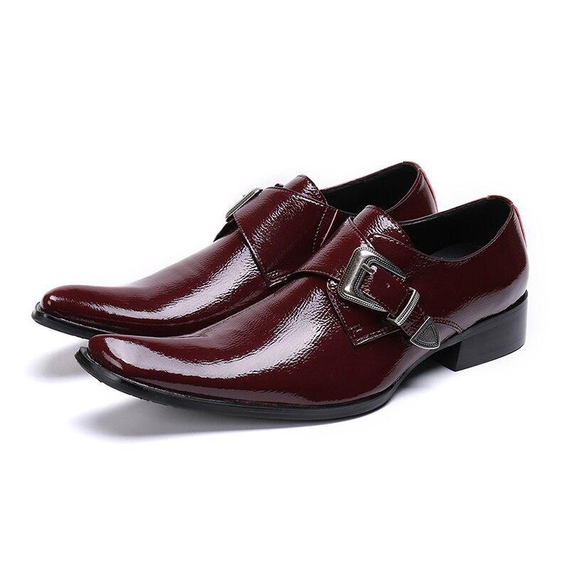 GOOSHOE Red Wine Men  Leather Oxfords Big Buckle Mens Dress Shoes Square Toe Leather Shoes