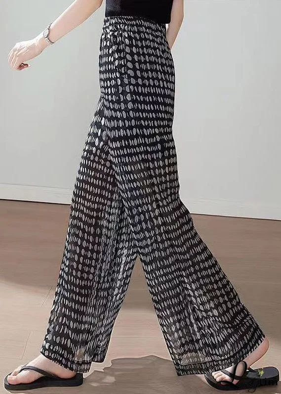 Boho Black Pockets Print Elastic Waist Chiffon Pants Summer