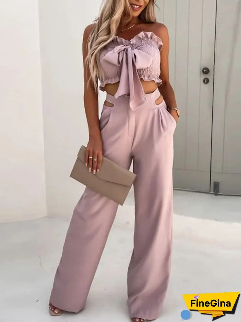 Women'S Sets Bow Cropped Top & Wide Leg Pants Two-Piece Set