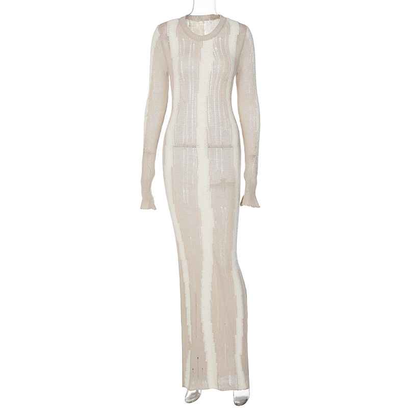 Ootddress Knitwear Hollow Out Solid Maxi Dress For Women See-Through High Waist Loose Knit Autumn Dress Fashion Elegant Party Dress