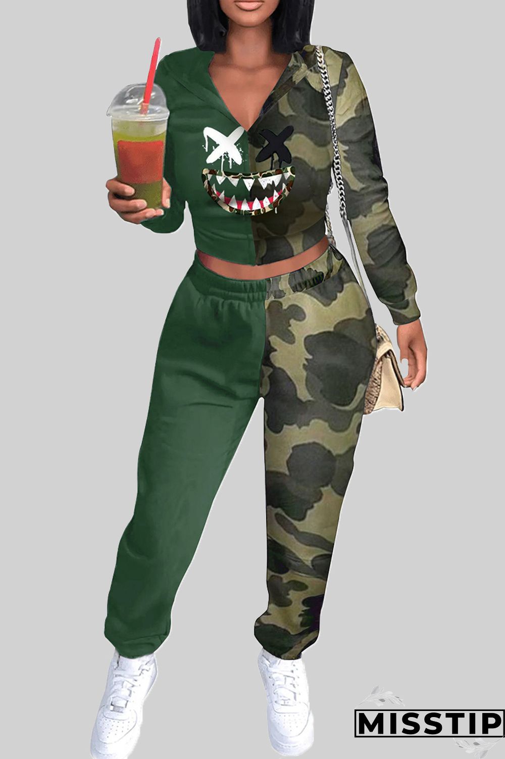 Camouflage Casual Camouflage Print Patchwork V Neck Long Sleeve Two Pieces