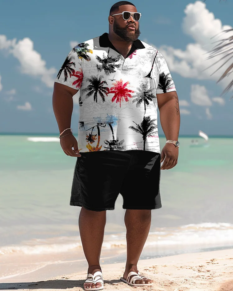 Men's Plus Size Hawaiian Graffiti Coconut Tree Print Polo Shorts Suit