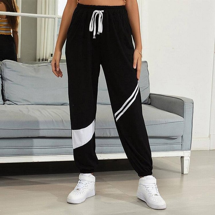 Autumn Striped Patchwork  SweatPants Women Trousers Soft Casual Home High Waist Pants For Women New Fashion