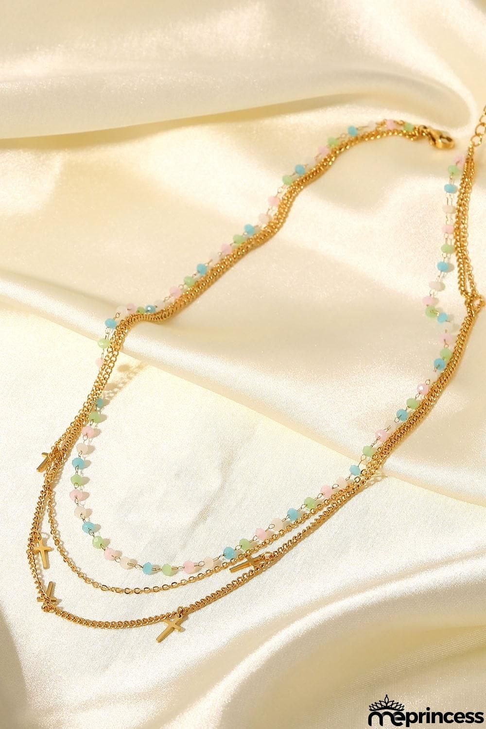 18K Gold Plated Cross Pendant Triple-Layered Necklace