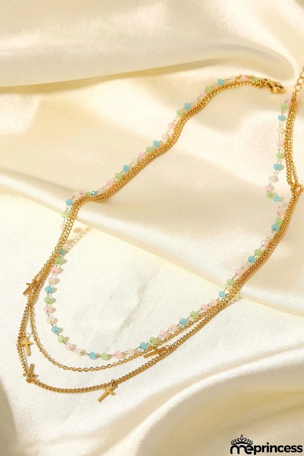 18K Gold Plated Cross Pendant Triple-Layered Necklace