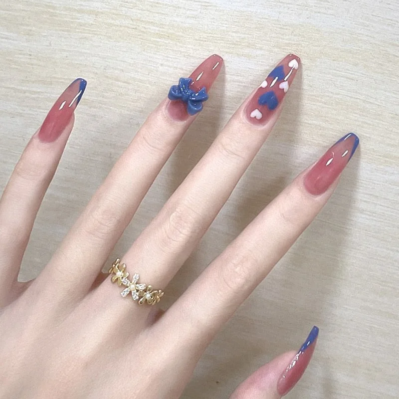 24pcs Blue Waves Printed False Nail Patch Glue Type Removable Long Paragraph Fashion Manicure Coffin Fake Nail Ballerina Art-Nail Inspo