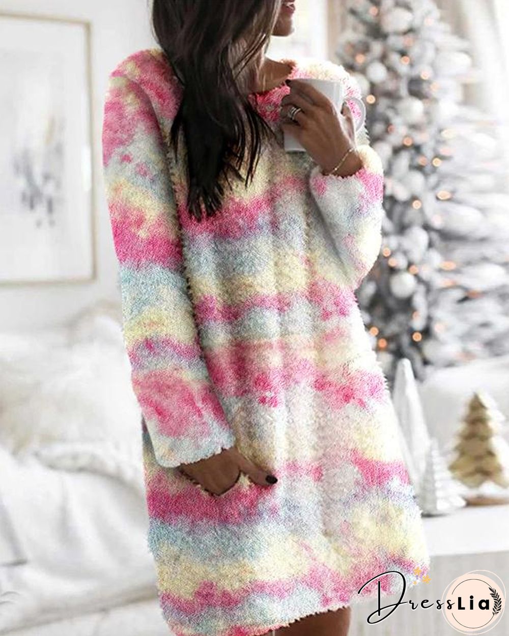 Long Sleeves Shift Above Knee Casual Tie Dye/Camo Print Pocket Plush Dresses(7 Colors)