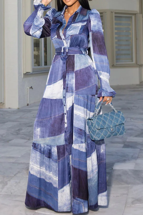 Denim Print Casual Belted Tiered Maxi Dress