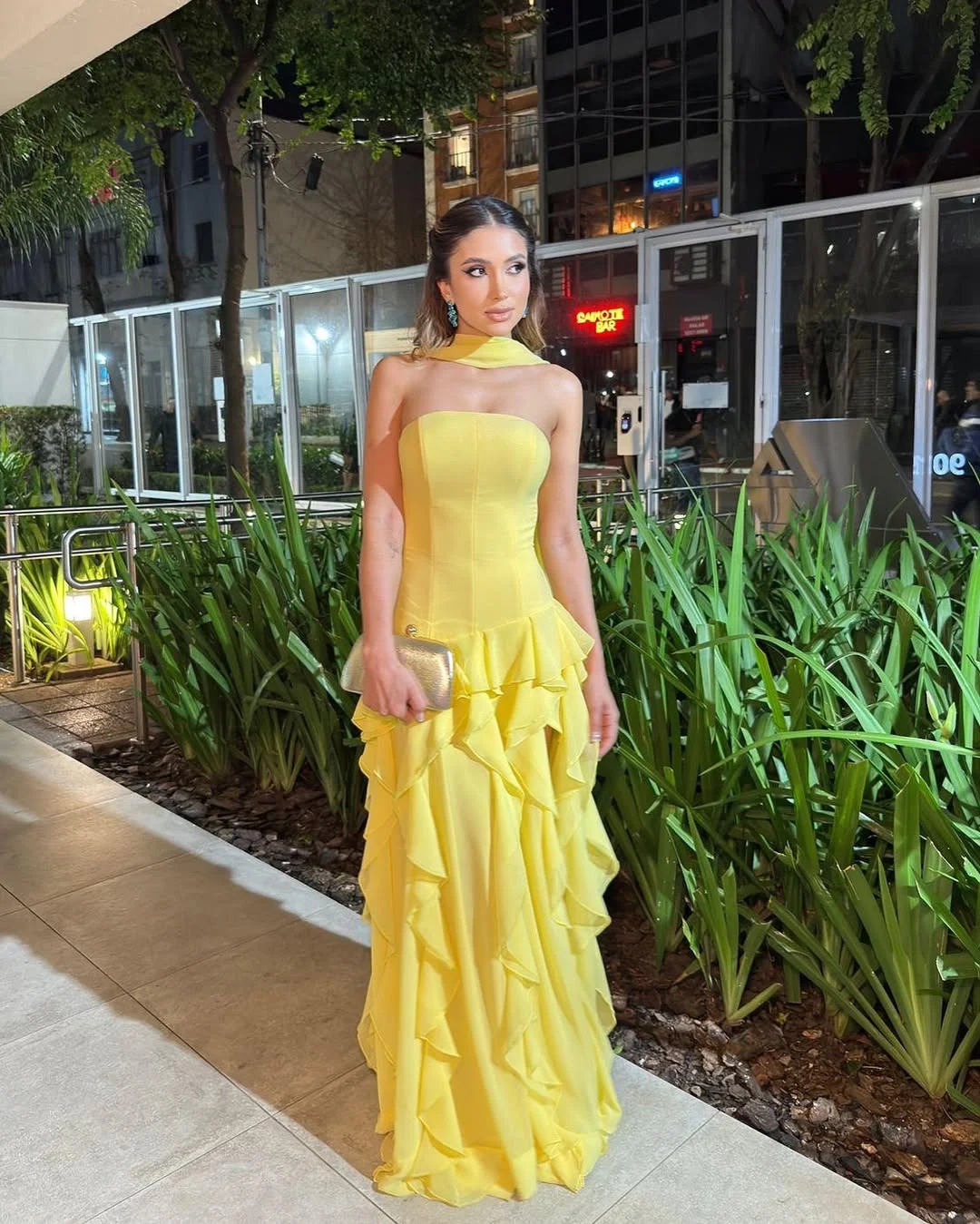  Graceful Yellow Straight Across Ruffles Split Prom Dress With Scarf YK0240