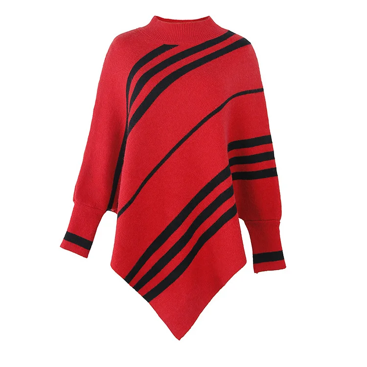 Casual Striped Knitted Round-Neck Shawl Sweater