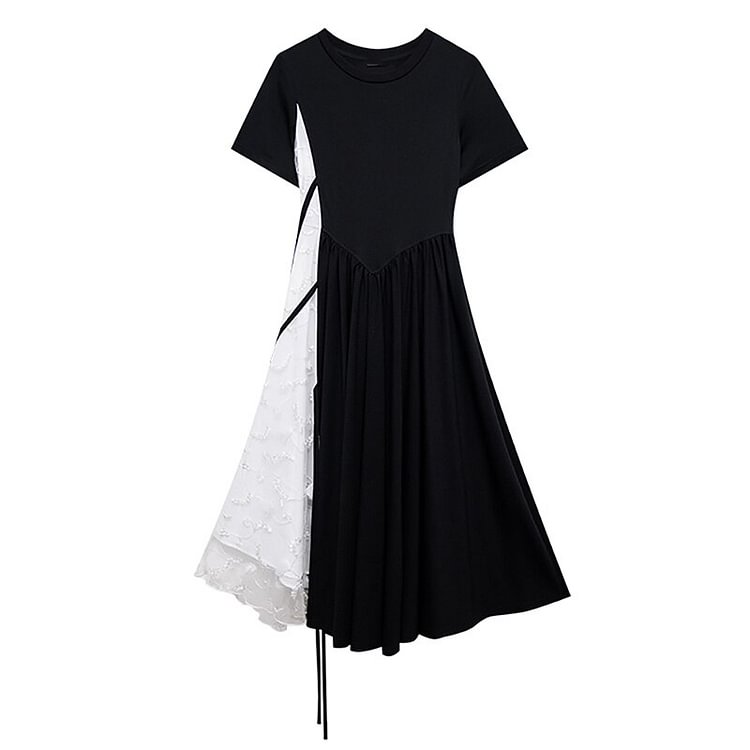 Stylish O-neck Patchwork Lace Mesh Splicing Tie Short Sleeve Folds Waist Dress