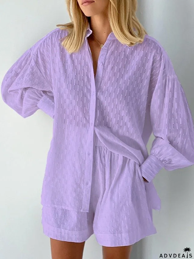 Sets Jacquard Long Sleeve Shirt & Shorts Two Piece Set for Women