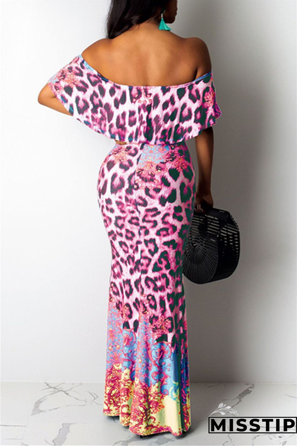 Pink Sexy Printing Off Shoulder Dress