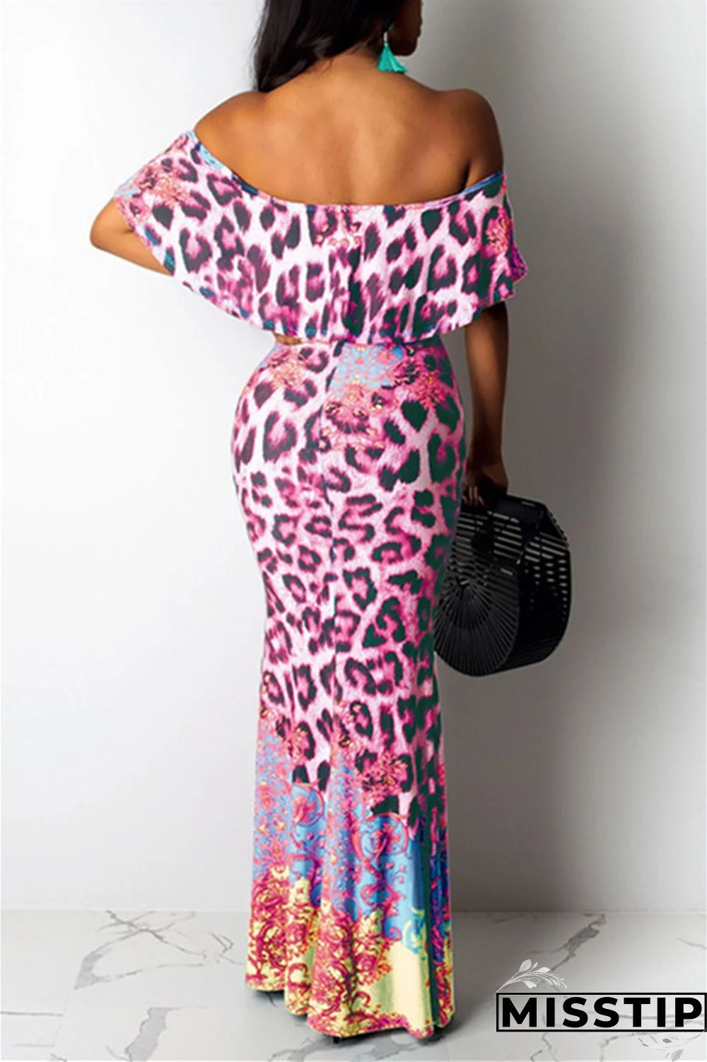 Pink Sexy Printing Off Shoulder Dress