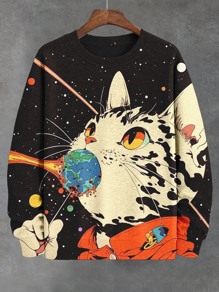 Men's Cat Cat Eating Earth Lollipop Starry Sky Art Print Casual Sweatshirt