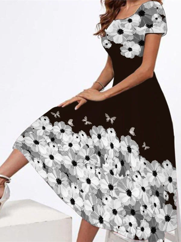 Women's Short Sleeve Scoop Neck Graphic Midi Dress