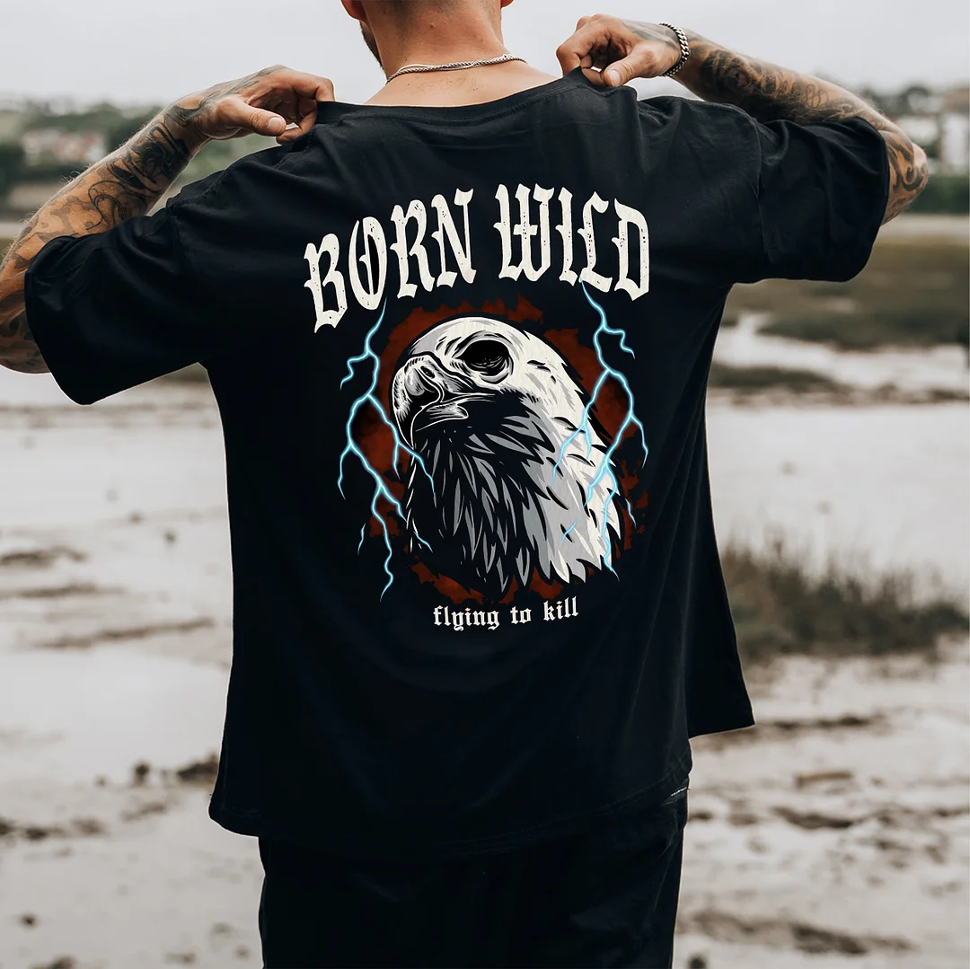BORN WILD FLYING TO KILL Eagle Black Print T-shirt
