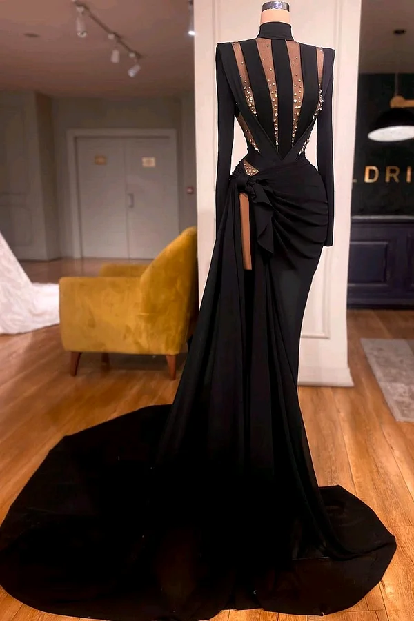 Daisda Chic Black High Neck Long Sleeves Split Prom Dress with Beadings