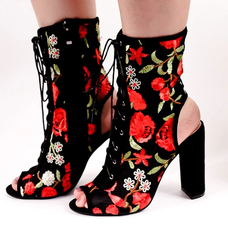 Floral Chunky Heel Lace-up Ankle Booties Vdcoo