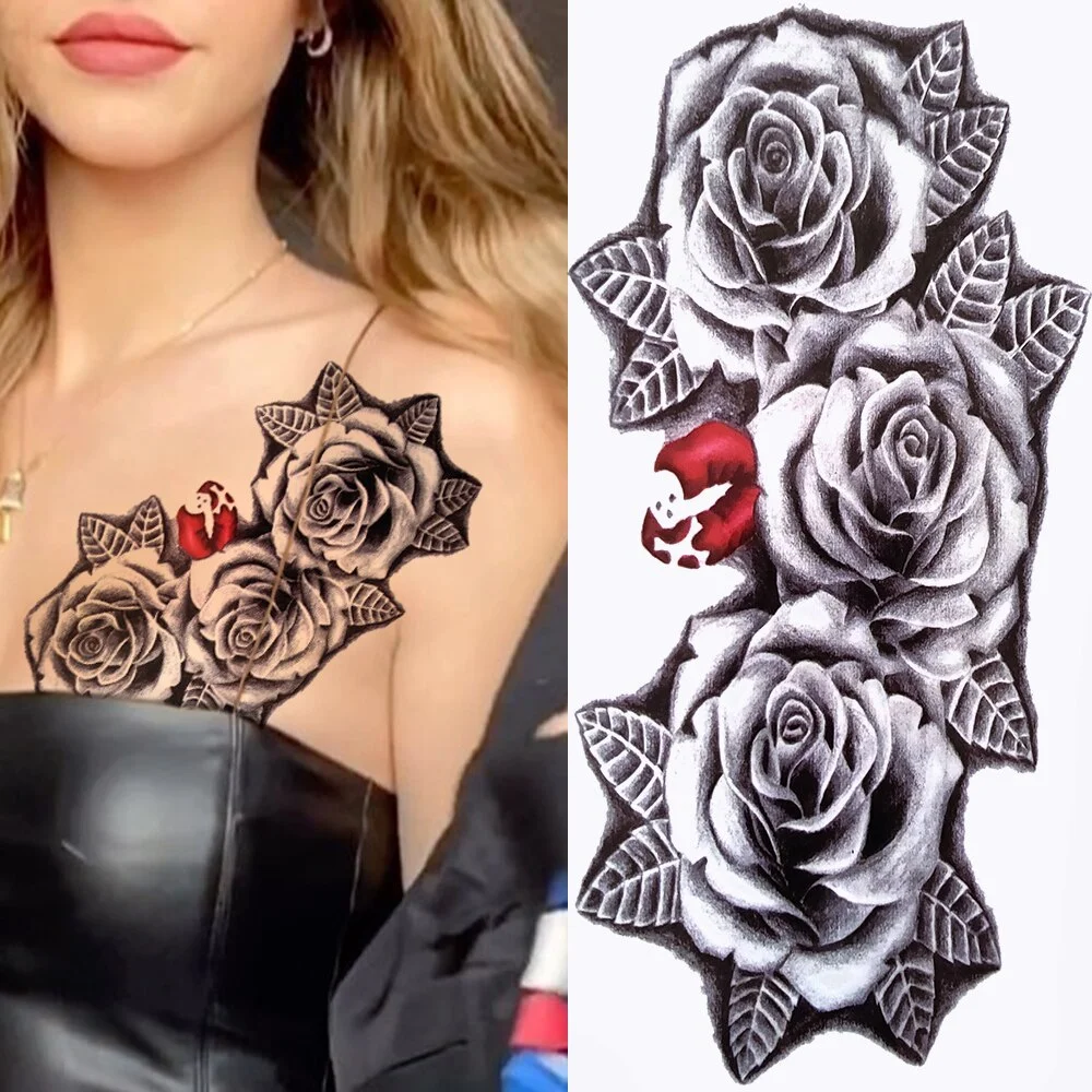 Fake Flower Rose Temporary Tattoos For Women Girl Peony Daisy Deer Moon Tattoos Sticker Black Cluster Body Art Painting Tatoos