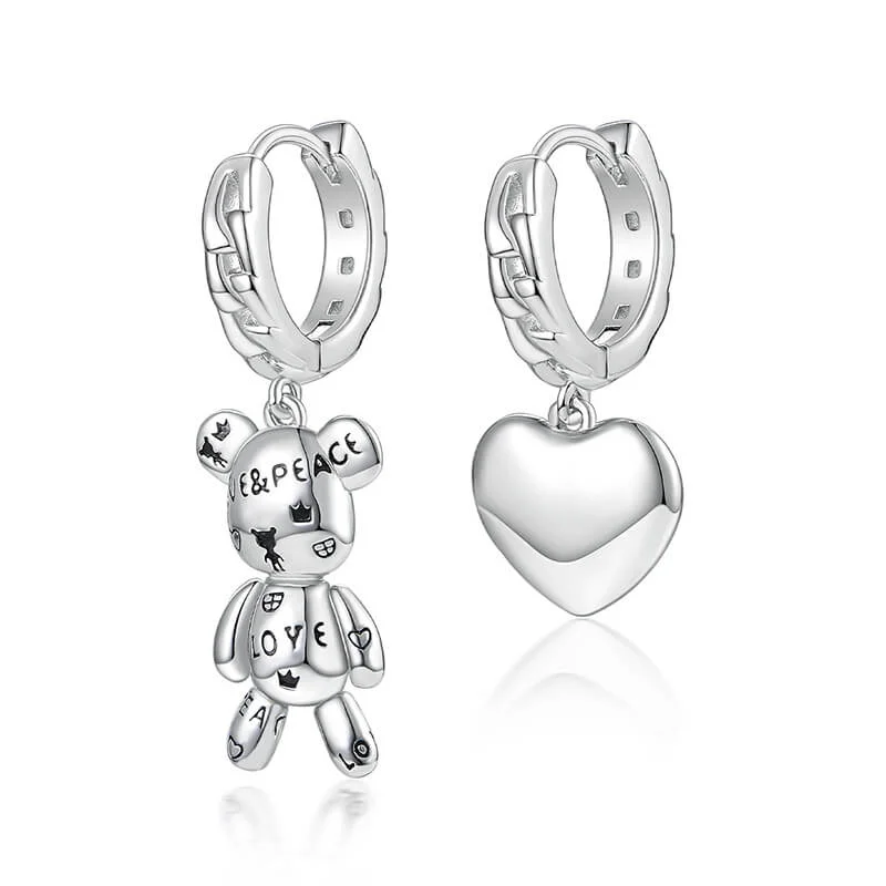 Mewaii® Sterling Silver Earring Asymmetric Earrings Violent Bear Heart-Shape Earrings Silver Jewelry S925 Sterling Silver Earring