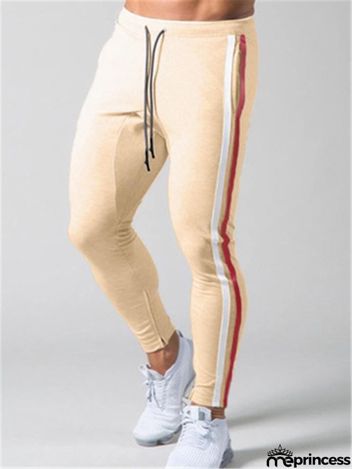 Mens Gym Breahthable Patchwork Running Zipper Pants