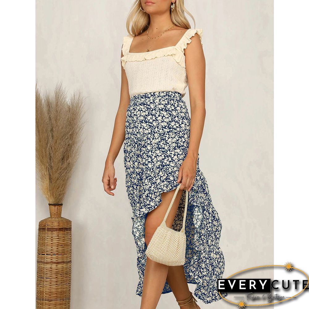 Navy Blue Elastic Waist High Low Ruffled Floral Skirt