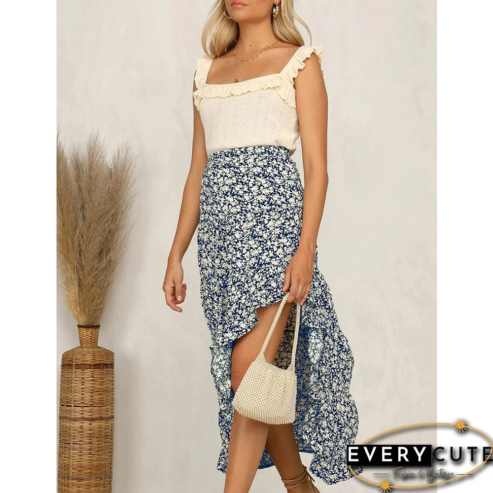 Navy Blue Elastic Waist High Low Ruffled Floral Skirt