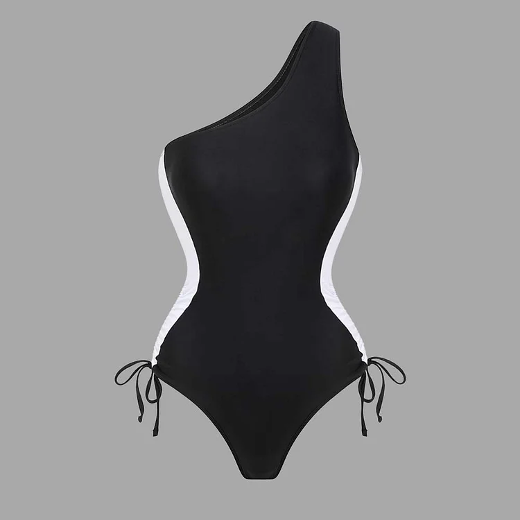 One Shouler Body Shaping Buttoned Tummy Control One-Piece Swimsuit
